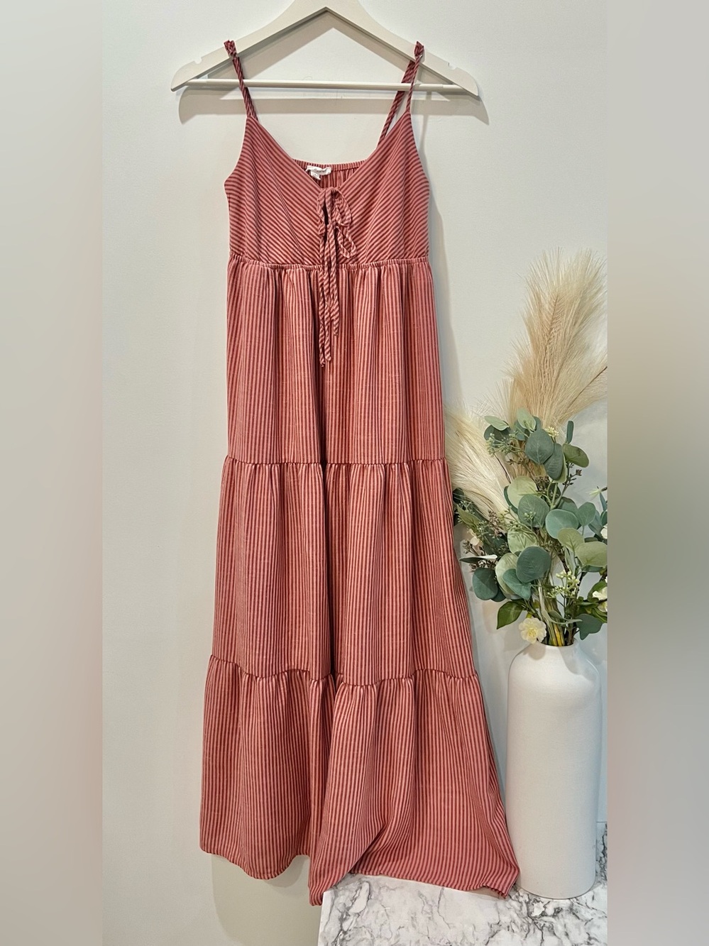 Dusty Pink Striped Tiered Maxi dress - Women's Summer Midi/Maxi